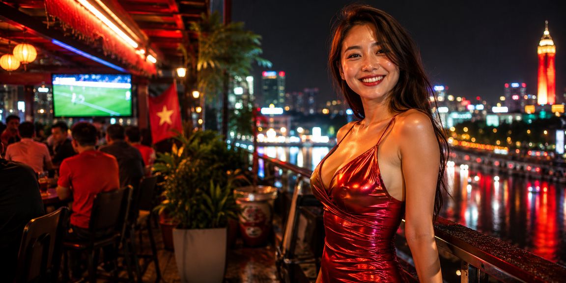 Khán giả Hà Nội theo dõi trận đấu bóng đá và đặt cược trực tuyến dưới ánh đèn neon sân vận động